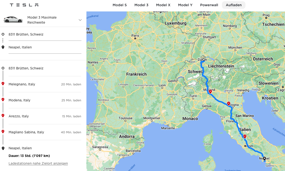 Routenplanung Tesla